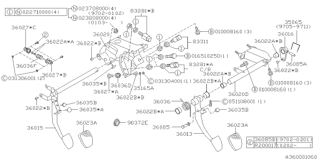 2002 Subaru Forester Lever Clutch Pedal Diagram for 36016FC001
