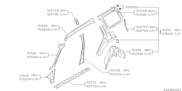 2001 Subaru Forester Rear Quarter Panel Complete Up LH Diagram for 51510FC192