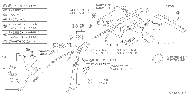 1999 Subaru Forester Trim Panel B Pillar Upper L Diagram for 94010FC130GA