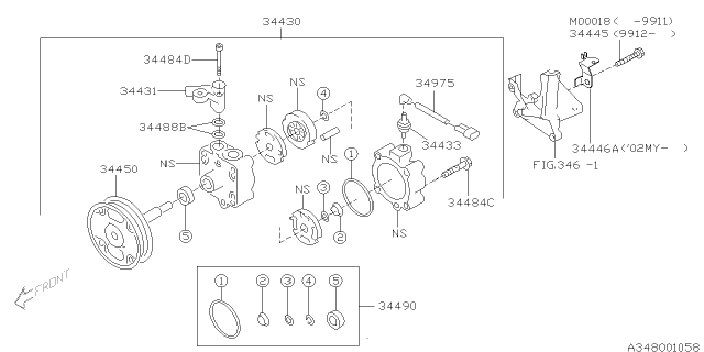 2000 Subaru Legacy Power Steering Pump Assembly Diagram for 34430AE04A