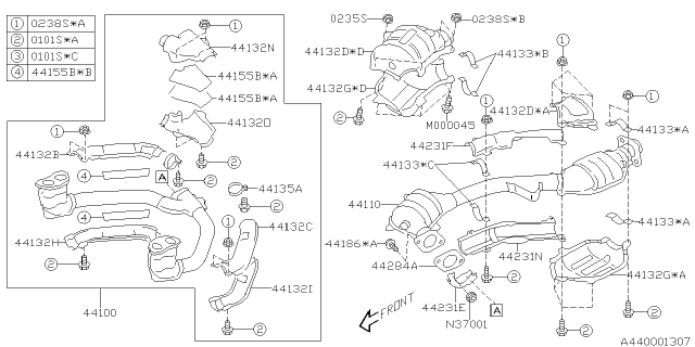 2005 Subaru Legacy Front Exhaust Pipe Assembly Diagram for 44619AA00A