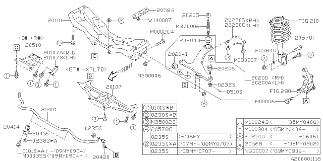 2007 Subaru Legacy Arm Assembly Front LH Diagram for 20202AG03A