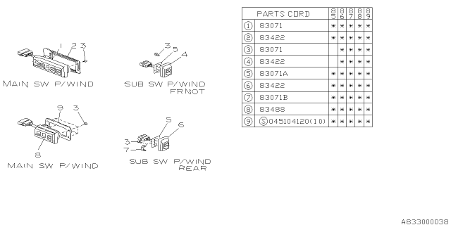 1988 Subaru GL Series Rear Power Window Sub Switch Diagram for 83081GA650EE