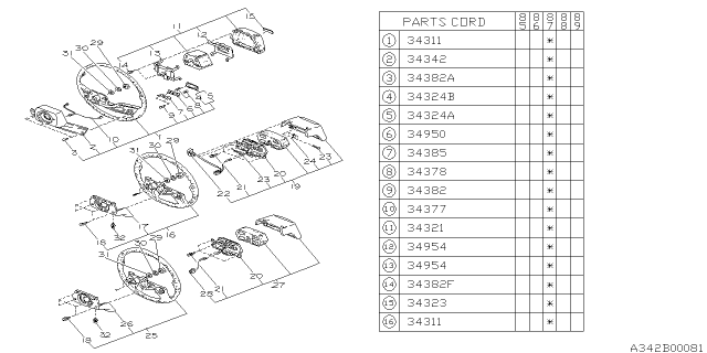 1988 Subaru GL Series Steering Wheel Assembly Diagram for 31130GA170