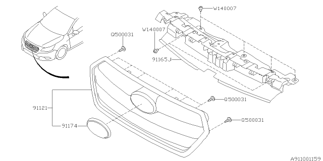 2015 Subaru Legacy Front Grille Assembly Diagram for 91121AL05A