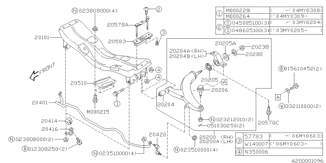 2008 Subaru Forester Front Suspension Cross Member Complete Diagram for 20101SA021