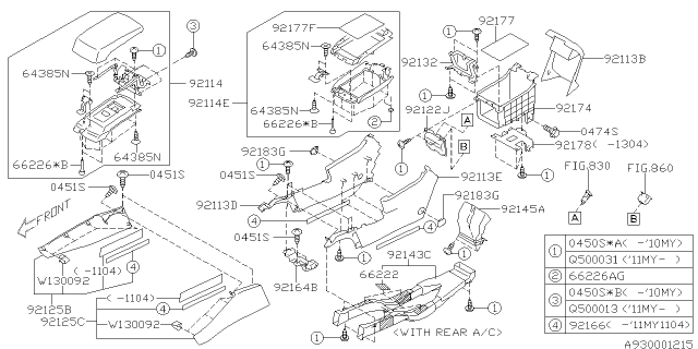 2013 Subaru Legacy Console Box Rear Diagram for 92136AJ01AVH