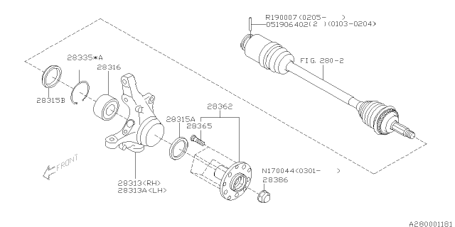 2003 Subaru Impreza WRX Front Spindle Knuckle, Right Diagram for 28313AE020