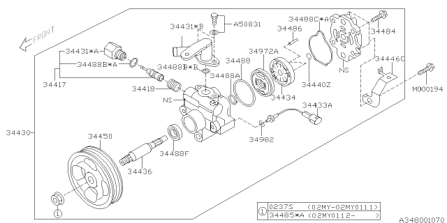 2002 Subaru Impreza WRX Power Steering Pump Assembly Diagram for 34430FE000