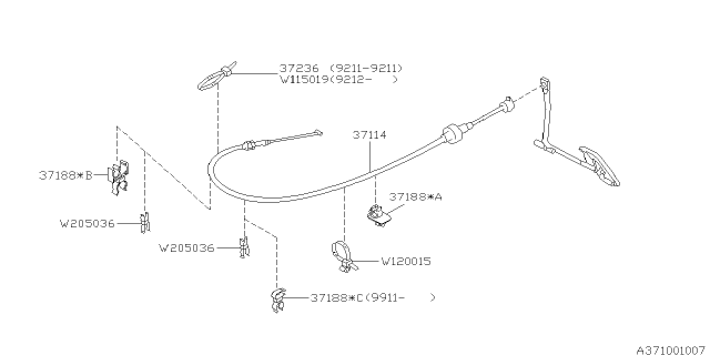 2000 Subaru Impreza Throttle Accelerator Cable Assembly Diagram for 37114FA110