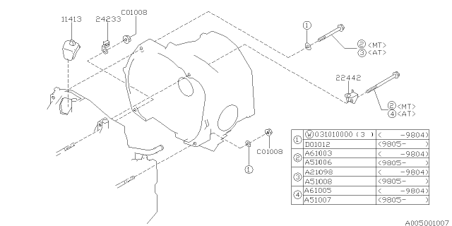 1998 Subaru Impreza Timing Hole Plug & Transmission Bolt Diagram