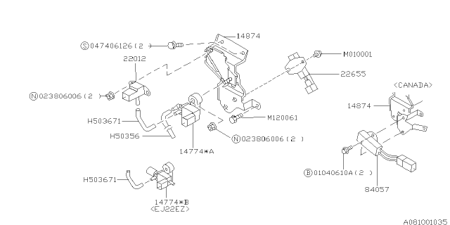 1997 Subaru Outback Vacuum Sensor Assembly Diagram for 22012AA070