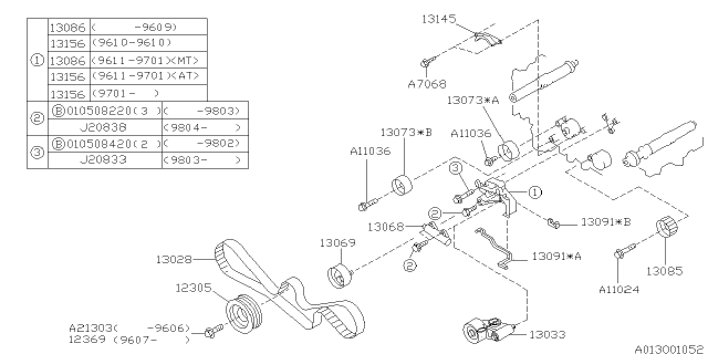 1997 Subaru Legacy ADJUSTER Complete Belt Tension Diagram for 13033AA001
