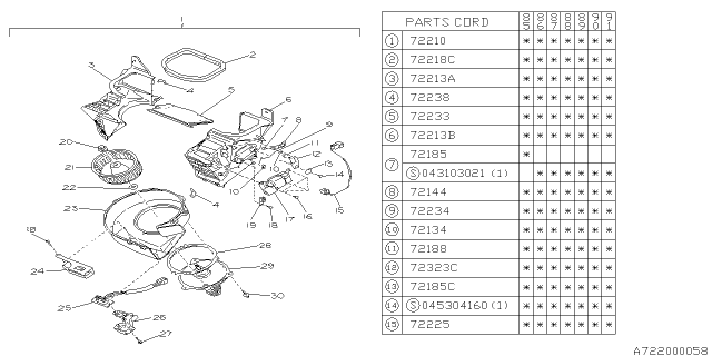 1986 Subaru XT Heater Blower Assembly Diagram for 72041GA100